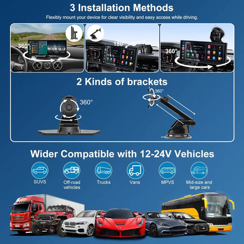 Diagram showing 11 Inch CarPlay Screen With Built In Netflix YouTube TikTok And Other Apps Wireless Car Stereo For Apple CarPlay And Android Auto HD Backup Camera OTA Updates No Mirroring Needed Easy Setup For Epic Road Trip Entertainment with installation methods and vehicle compatibility.