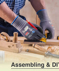 Person wearing MicroFoam Nitrile Coated Seamless Knit Work Gloves For Men And Women, 25 Percent Thinner Nitrile Coating For Slimmer Feel, Crazy Dexterity And All Day Comfort, 60 Pairs KG18NB, Great For Automotive, Warehouse, Construction, Gray Medium, measuring wood in DIY workshop.