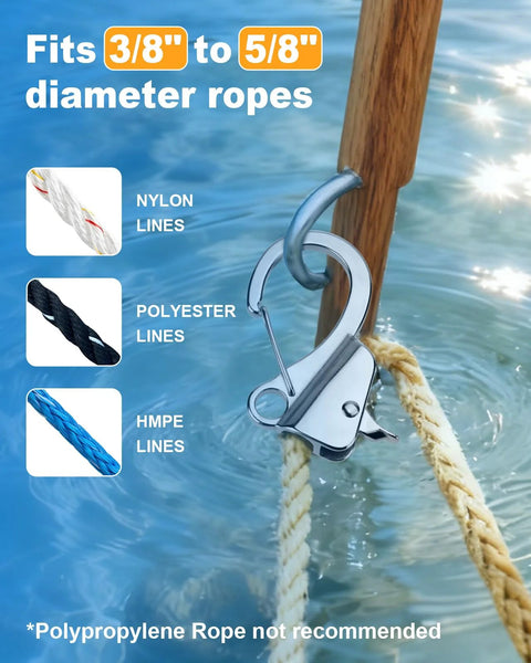 Knotless Adjustable Sliding Boat Anchor Hook With Quick Release Marine Line Clip for three-eighths to five-eighths inch lines in water.