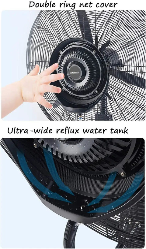 Heavy Duty Standing Misting Fan With Beastly 3 Speed Cooling Airflow and Wide Angle Oscillation showing dual net cover and water tank.