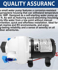 Side view of Upgraded RV Water Pump 3 GPM 12V DC 50 PSI Triplex Diaphragm Pump for RV Boat Yacht Marine Caravan with strainer and pressure switch, corrosion-resistant housing.