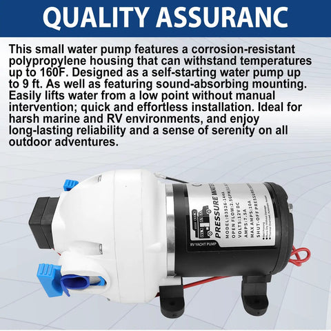 Side view of Upgraded RV Water Pump 3 GPM 12V DC 50 PSI Triplex Diaphragm Pump for RV Boat Yacht Marine Caravan with strainer and pressure switch, corrosion-resistant housing.