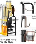 All In One Golf Bag Organizer With Wheels For Garage Storage Holds 1 Bag 8 Club Rack 2 Tier Shoe And Accessory Shelves Ball Mesh Basket