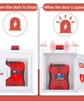 Heavy Duty AED Defibrillator Wall Cabinet showing closed and open views, solid steel with alarm and AED inside.