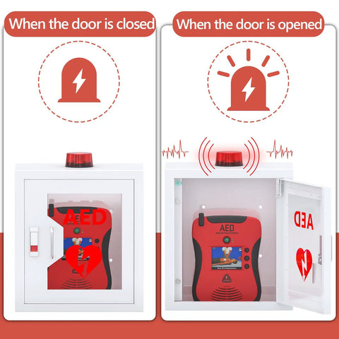 Heavy Duty AED Defibrillator Wall Cabinet showing closed and open views, solid steel with alarm and AED inside.