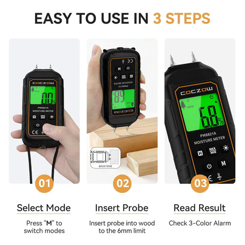 Handy Dual Probes Moisture Meter With Battery Included And Real Time LCD Display For Quick Accurate Readings In Wood Plywood Paper Plaster Walls And Floors, 3-step use guide