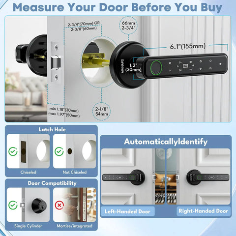 Smart Fingerprint Door Lock With Keyless Entry No Fuss And Multiple Unlock Methods Password Code Mechanical Key IC Card Auto Lock showing dimensions and installation