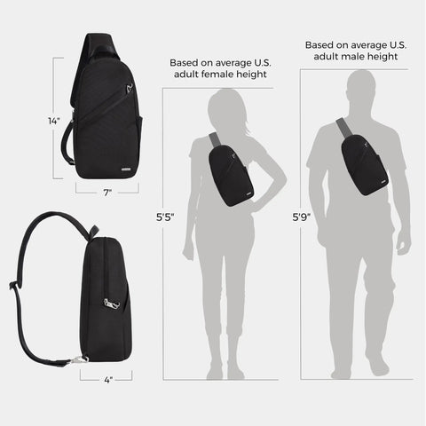 Anti Theft Sling Bag With Locking Zippers, Slash Resistant Panels, RFID Blocking Slots shown on average adult heights