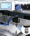 US Stock 0-375RPM Electric Tapping Machine With Flexible Tapper Arm For M3-M16 Fasteners. Includes All ANSI Collets And Universal 360 Degrees Adjustments. A close view showing the servo motor, flexible arm, and control panel.