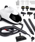 Heavy Duty Steam Cleaner Fast Heat Up One Point Five Liter Tank Multi Surface Tool Kit with attachments and hose for cleaning.