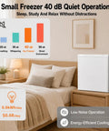 Compact 1.1 Cu Ft Upright Mini Freezer In Bright White For Dorms Small Apartments And Garages next to a cozy bed showing energy-efficient features.