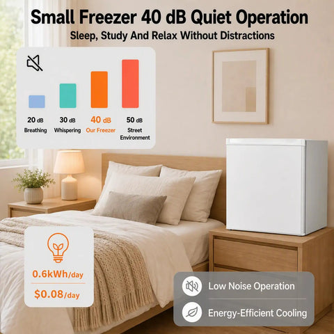 Compact 1.1 Cu Ft Upright Mini Freezer In Bright White For Dorms Small Apartments And Garages next to a cozy bed showing energy-efficient features.