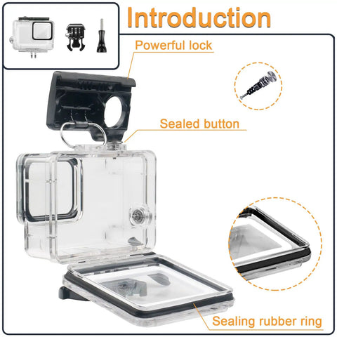 Ultra Durable Waterproof Housing Case For Action Camera Hero 5 6 7 Black, Protective Underwater Dive Shell with bracket, open view showing sealing elements