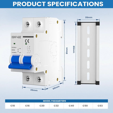 Product specifications for 50A 2P Solar PV Breaker With Thermal Magnetic Trip, Miniature Disconnect Switch, DIN Rail Mount, 500V Rating