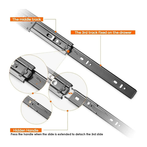Hydraulic Damping Wardrobe Drawer Slides With Guide Rail For Ultra Quiet Soft Close Three Section Glide Heavy Duty Cold Rolled Steel