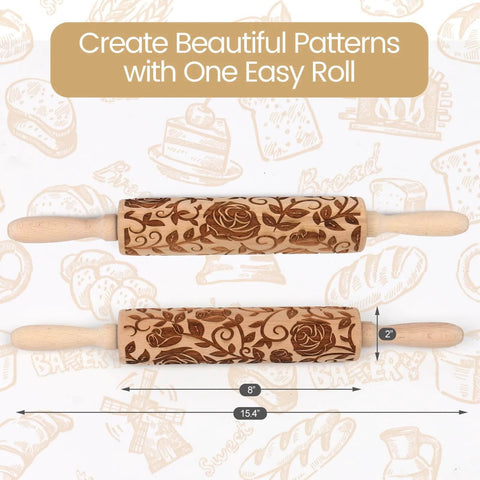 Rose Embossed Rolling Pin For Baking Cookies And Shortbread With Flower Pattern, Wooden Engraved Springerle Style Rolling Pin