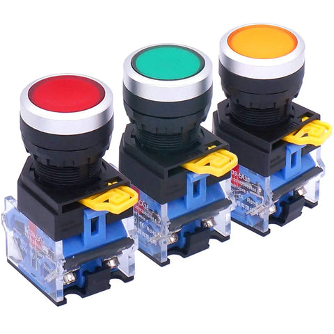 Momentary Push Button Switch 22mm 1NO 1NC with red, yellow, green buttons, industrial panel switch, LA38-11 Series, box pack