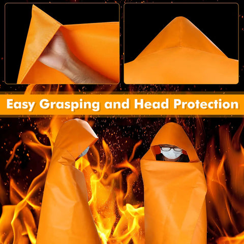 Fireproof Cloak For Home And Office Emergency Use Extra Large Glass Fiber Fire Escape Cape With Silicone Coating Heat Resistant Hooded Fire Blanket Suit Household Safety Gear Orange 63 By 56 Inches in fire environment with close-up on hood and fabric feature for easy grasping, worn by a person for head protection.