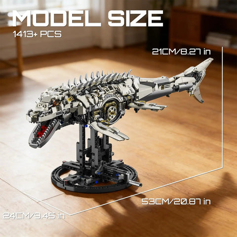 Myth Qholve Mechanical Mosasaurus Building Block Set With Precision Gear System And Hand Crank Motion Awesome Premium Display Model For STEM Learning Collectors And Interactive Display Stand Included fully assembled on stand