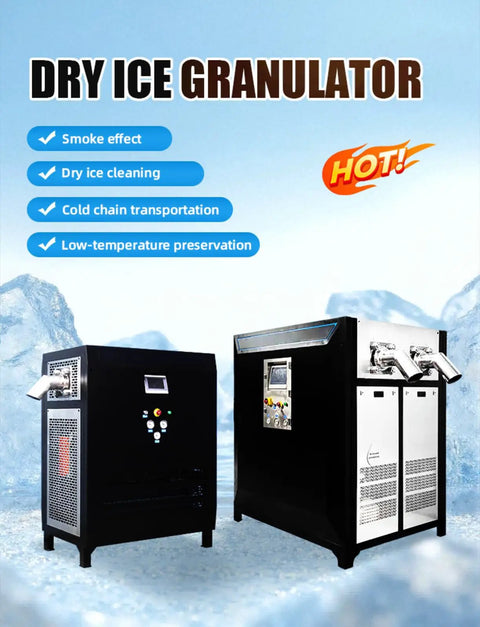 Heavy Duty Commercial Dry Ice Pellet Machine Automatic CO2 Granulator For Pro Workshop Blasting And Mold Repair in a snowy setting.