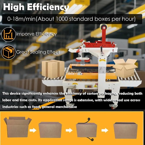 Rock Solid Automatic Carton Sealer Machine For Shipping Boxes And Cases Top And Bottom Continuous Tape Dispenser in action sealing boxes.
