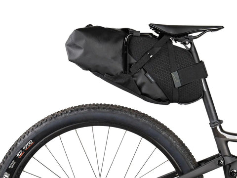 BackLoader X 15L Waterproof Bike Bag With Air Purge Valve Secure Mount 5 Kg Load attached to bicycle seatpost and saddle rails.