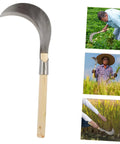 Manganese Steel Garden Knife With Comfortable Wooden Handle For Weeding And Harvesting Lawn Care And All Purpose Yard Work, shown in use
