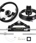 100HP Hydraulic Outboard Steering Kit For Single Engine Boats Marine Hydraulic System With BiDirectional Locking Cylinders And 20 Ft High Strength Nylon Hose Easy Install Single Station components displayed