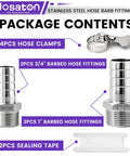 Heavy Duty 304 Stainless Steel Barb To Npt Male Thread Hose Fitting Set With High Pressure 2800 Psi Rating And Durable Corrosion Proof Design For Tough Plumbing Jobs And Fluid Control Systems Today. Package contents with 3/4 and 1 inch fittings, clamps, and sealing tape