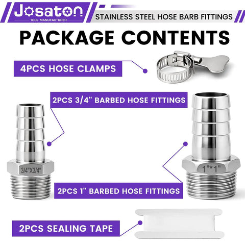 Heavy Duty 304 Stainless Steel Barb To Npt Male Thread Hose Fitting Set With High Pressure 2800 Psi Rating And Durable Corrosion Proof Design For Tough Plumbing Jobs And Fluid Control Systems Today. Package contents with 3/4 and 1 inch fittings, clamps, and sealing tape