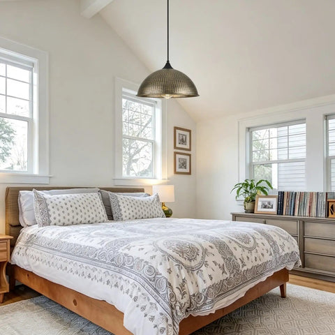MIAYBPH Pendant Lights Kitchen Island, 12" Antique Bronze Dome Pendant Light Fixture above a bed in a bright bedroom.