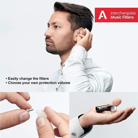 Man adjusting High Fidelity Musician Earplugs With Two Interchangeable Filters 19 and 22 dB. Close-up of earplug and filter change.