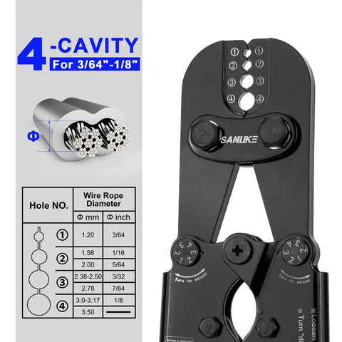 Wire Rope Crimping Tool Kit For Fishing And Rigging, Pro Grade Heavy Duty Crimper And Cutter, Four Crimp Positions From Three Sixty Fourth Inch To One Eighth Inch, Made For Aluminum Oval Sleeves And Double Sleeves.