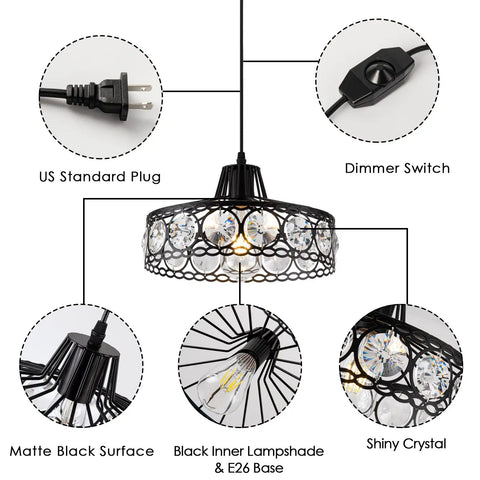 Plug In Pendant Light With 15 Foot Cord Dimmable Inline On Off Switch Dope Modern Crystal Chandelier showing plug, switch, and crystals