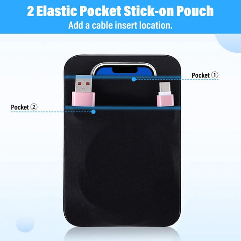 Stick On Dual Pocket SSD Carrying Case With Reusable Adhesive for Laptops and External Drives, showing elastic pockets.