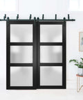Boss Interior Barn Door Set Bypass Sliding Doors With Frosted Glass And Solid Wood Panels 48 X 96 Inches Black Finish Installed