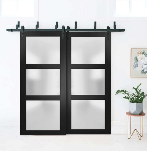 Boss Interior Barn Door Set Bypass Sliding Doors With Frosted Glass And Solid Wood Panels 48 X 96 Inches Black Finish Installed