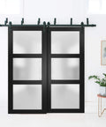 Bypass Sliding Barn Doors Set With Frosted Glass And Solid Wood 60x96 Black Modern Vibe Hardware Included Double Doors