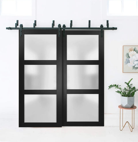 Bypass Sliding Barn Doors Set With Frosted Glass And Solid Wood 60x96 Black Modern Vibe Hardware Included Double Doors
