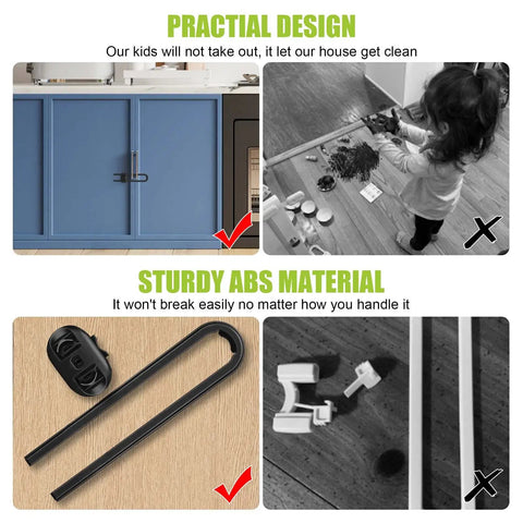 Image showing Six Pack Adjustable U Shaped Child Safety Cabinet Locks in use on cabinets, highlighting ABS material durability and child safety.