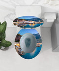 Chill Coast Vibe Slick Round Resin Toilet Seat With Thatched Umbrella And Seaside Shell Print Quiet Slow Close Lid Quick Release Mount, top view with vibrant seaside print.