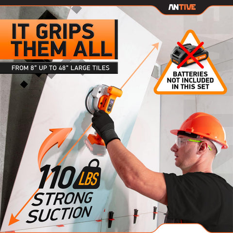 Worker using Cordless Tile Vibration Tool Kit With 9 Speeds And 110 Lb Suction Cup For Large Format Tile Installation