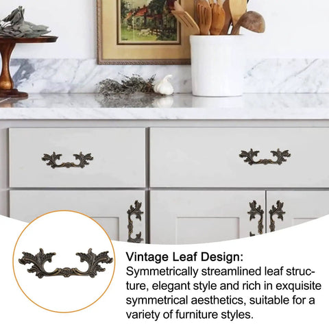 Vintage Leaf Drawer Pulls Set Of 4, 4.8 Inch Antique Dresser Handles in green bronze zinc alloy on kitchen cabinets