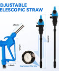 Adjustable Telescopic Straw for drum pumps, 4.5 to 49 inch length, blue design, includes clog-resistant filter valve.