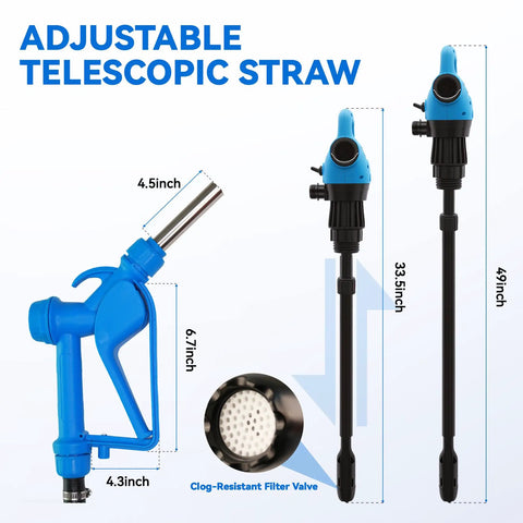 Adjustable Telescopic Straw for drum pumps, 4.5 to 49 inch length, blue design, includes clog-resistant filter valve.