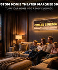 Family enjoying movie in home theater with custom marquee sign reading 'Cimler Cinema' on wall beside cozy seating.
