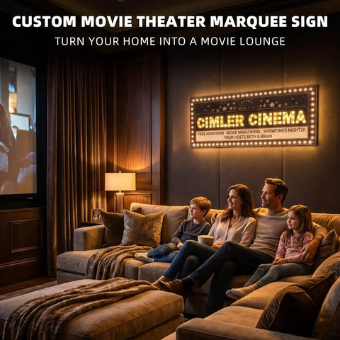 Family enjoying movie in home theater with custom marquee sign reading 'Cimler Cinema' on wall beside cozy seating.