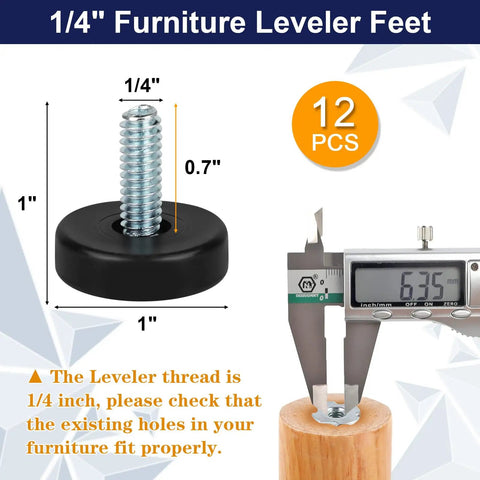 Adjustable 1/4-20 Thread Furniture Feet Levelers, 12 Pack Screw In Leveling Feet measurement and size guide
