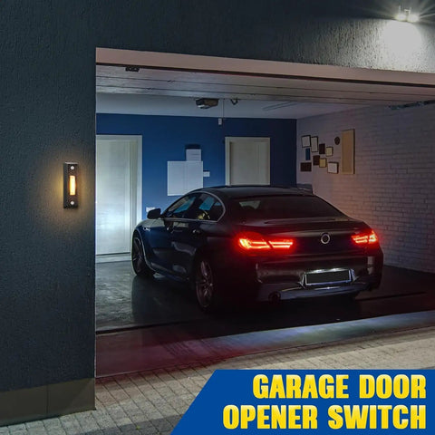 Lighted Wired Doorbell Button With LED Glow For Garage And Home Entry Easy Install No Brainer Wall Mounted Push Button Replacement Compatible With Most Low Voltage Chimes And Transformers Black Warm Light next to garage with car inside.