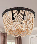 Boho Wood Beaded Chandelier Three Light Flush Mount Ceiling Fixture With Engraved Pattern Oil Rubbed Bronze Farmhouse Style Lighting